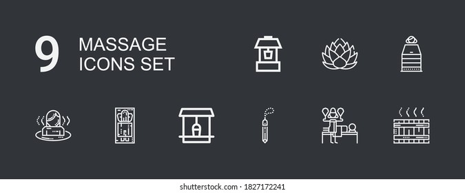 Editable 9 massage icons for web and mobile. Set of massage included icons line Massage, Stone, Well, Sauna, Lotus on dark background