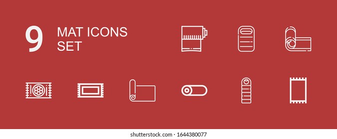 Editable 9 mat icons for web and mobile. Set of mat included icons line Carpet, Sleeping bag, Roll, Mat, Rug, Yoga on red background