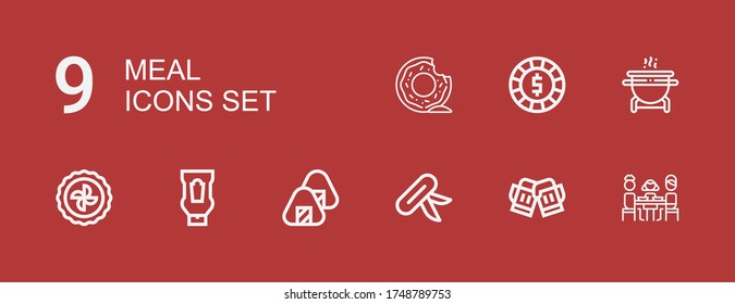 Editable 9 meal icons for web and mobile. Set of meal included icons line Lunch, Toast, Knife, Onigiri, Ketchup, Pie, Grill, Chip, Donut on red background