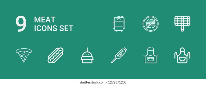 Editable 9 meat icons for web and mobile. Set of meat included icons line Apron, Food, Burger, Hot dog, Pizza, Grill, Junk food, Barbecue on green background