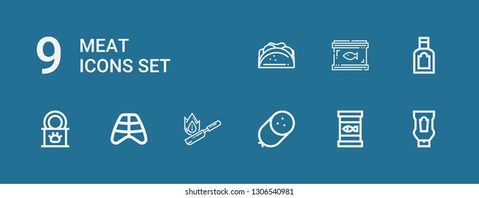 Editable 9 meat icons for web and mobile. Set of meat included icons line Ketchup, Canned food, Sausage, Flambe, Ribs, Tinned food, Food, Taco on blue background