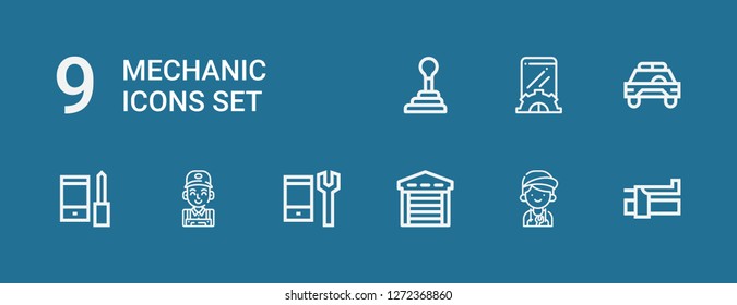 Editable 9 mechanic icons for web and mobile. Set of mechanic included icons line Brake, Mechanic, Garage, Configuration, Safety car, Setup, Gearshift on blue background