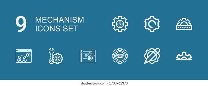 Editierbare 9 Mechanik Icons für Web und Mobile. Einstellung des Mechanismus im Bereich der Symbole Zeile Cogwheel, Einstellungen, Einstellung auf blauem Hintergrund