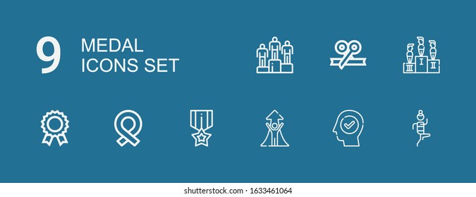 Editable 9 medal icons for web and mobile. Set of medal included icons line Fitness, Success, Medal, Ribbon, Prize, Competition, Winning on blue background