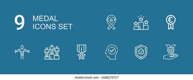 Editable 9 medal icons for web and mobile. Set of medal included icons line Medal, Guarantee, Success, Winning, Fitness, Prize, Win, Ribbon on blue background
