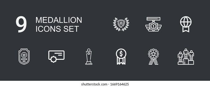 Editable 9 medallion icons for web and mobile. Set of medallion included icons line Winning, Medal, Award, Reward, Badge, Prize, Winner on dark background
