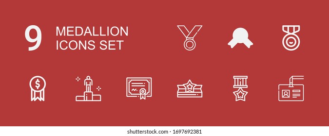 Editable 9 medallion icons for web and mobile. Set of medallion included icons line Badge, Medal, Award, Merit, Winning on red background