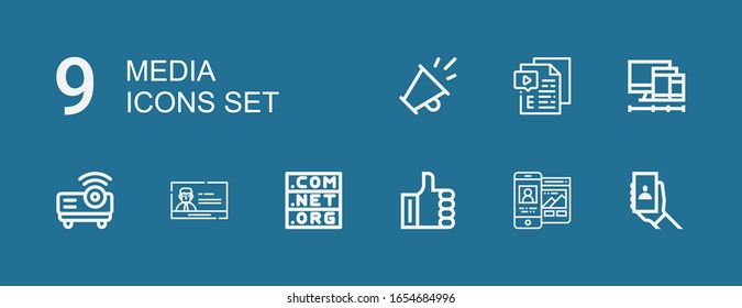 Editable 9 media icons for web and mobile. Set of media included icons line Selfie, Responsive, Like, Domain, Profile, Projector, Screens, Video, Promotion on blue background