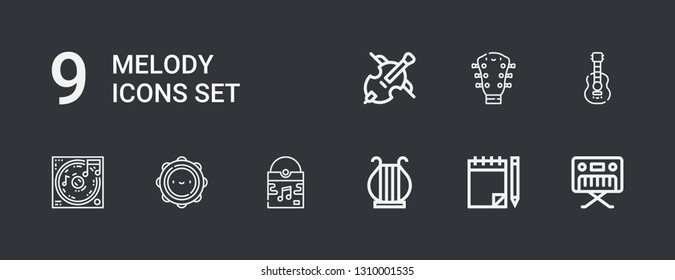 Editable 9 melody icons for web and mobile. Set of melody included icons line Piano, Note, Harp, Vinyl, Tambourine, Music, Acoustic guitar, Guitar, Cello on dark background