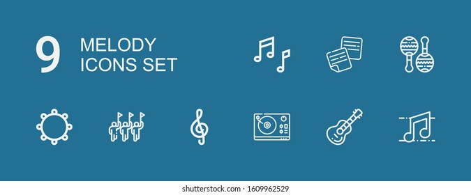 Editable 9 melody icons for web and mobile. Set of melody included icons line Music, Guitar, Turntable, Note, Parade, Tambourine, Maracas, Notes on blue background