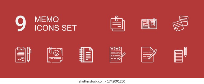 Iconos editables de 9 memo para web y móvil. Set de memo incluido iconos línea Notas, Escribir, Nota sobre fondo rojo