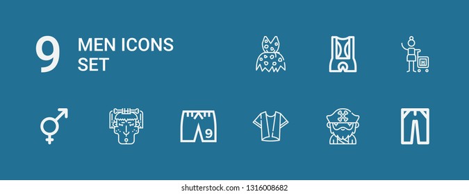 Editable 9 men icons for web and mobile. Set of men included icons line Jeans, Beard, Shirt, Shorts, Woman, Genders, Clothing on blue background