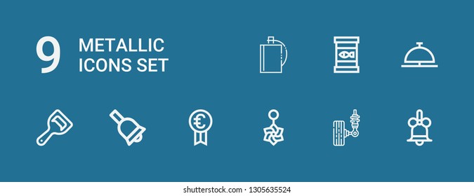 Editable 9 metallic icons for web and mobile. Set of metallic included icons line Bell, Suspension, Belly piercing, Prize, Bottle opener, Canned food, Hip flask on blue background
