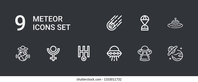 Editable 9 meteor icons for web and mobile. Set of meteor included icons line Ufo, Uranus, Pluto, Space capsule, Meteorite on dark background
