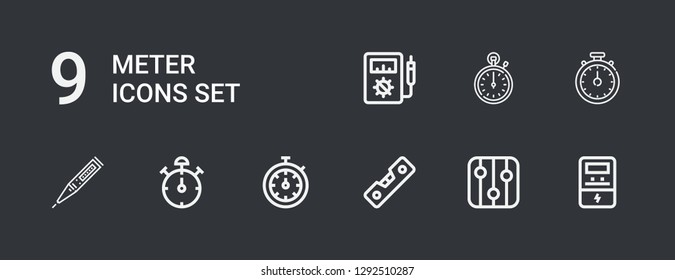 Editable 9 meter icons for web and mobile. Set of meter included icons line Voltmeter, Levels, Level, Stopwatch, Stop watch, Thermometer on dark background