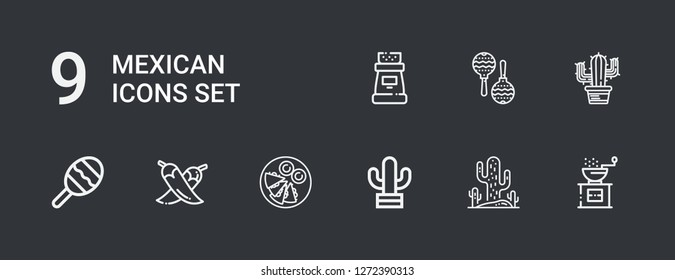Editable 9 mexican icons for web and mobile. Set of mexican included icons line Pepper, Cactus, Quesadilla, Chili, Maraca on dark background