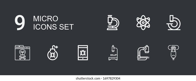 Editable 9 micro icons for web and mobile. Set of micro included icons line Hdmi port, Microscope, Virus, Atom on dark background