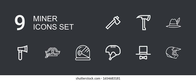 Editable 9 iconos mineros para web y móvil. Conjunto de iconos incluidos línea Helmet, Hat, Ax sobre fondo oscuro