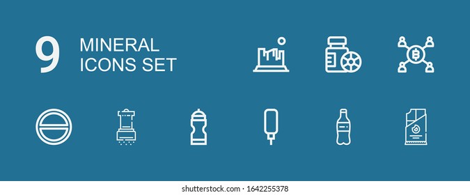 Editable 9 mineral icons for web and mobile. Set of mineral included icons line Coal, Plastic bottle, Water dispenser, Water bottle, Salt, Mining, Bottles, Rock on blue background