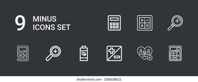 Editable 9 minus icons for web and mobile. Set of minus included icons line Calculator, Add, Zoom, Battery on dark background