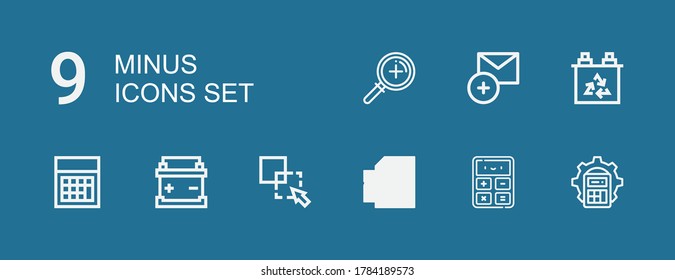 Editable 9 menos iconos para web y móvil. Conjunto de menos línea de iconos incluidos Calculadora, Excluida, Batería, Añadir, Zoom en fondo azul