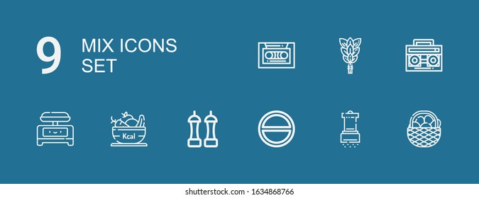 Editable 9 mix icons for web and mobile. Set of mix included icons line Fruit, Salt, Shaker, Radio cassette, Whisk, Cassette on blue background