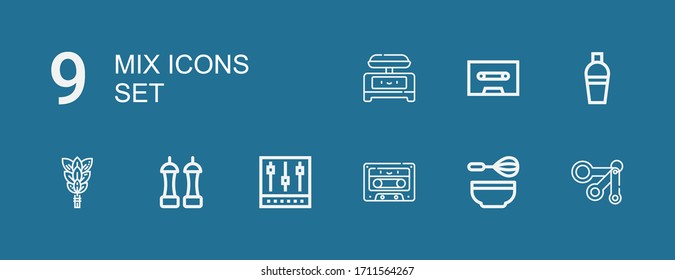 Editable 9 mix icons for web and mobile. Set of mix included icons line Measuring spoons, Whisk, Cassette, Mixer, Salt, Shaker on blue background