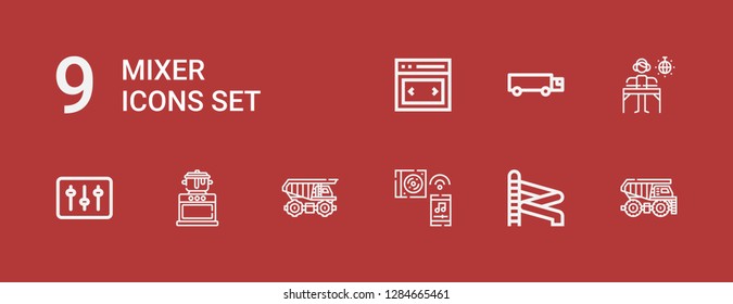 Editable 9 mixer icons for web and mobile. Set of mixer included icons line Dumper, Slider, Music, Cargo truck, Cooking, DJ on red background