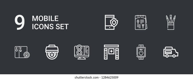 Editable 9 mobile icons for web and mobile. Set of mobile included icons line Food truck, Smartwatch, Software, Computer, Cctv, Cards, Set, Menu, Smartphone on dark background