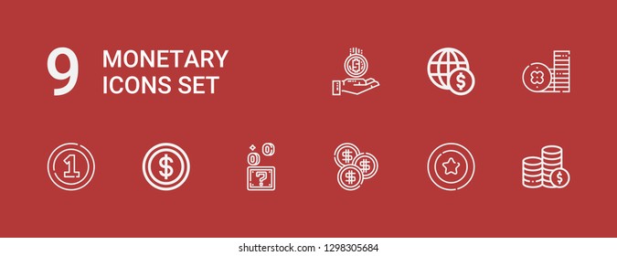 Editable 9 monetary icons for web and mobile. Set of monetary included icons line Coins, Coin on red background