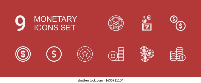Editable 9 monetary icons for web and mobile. Set of monetary included icons line Coins, Coin on red background