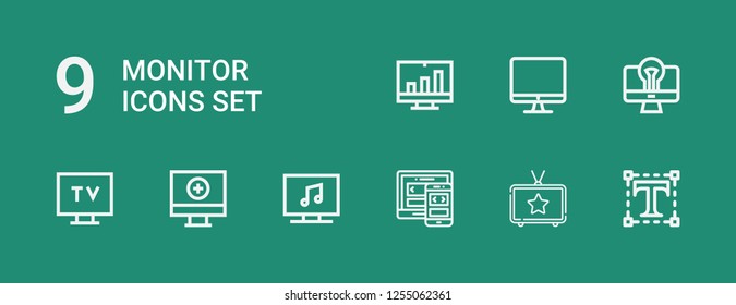 Editable 9 monitor icons for web and mobile. Set of monitor included icons line Typography, Television, Responsive, Computer, Tv, Screen on green background