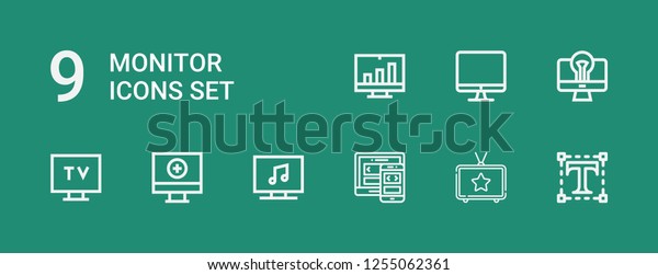 Editable 9 monitor icons for web and\
mobile. Set of monitor included icons line Typography, Television,\
Responsive, Computer, Tv, Screen on green\
background