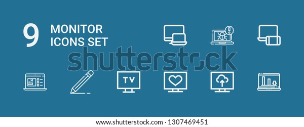 Editable 9 monitor icons for web and mobile.\
Set of monitor included icons line Laptop, Television, Tv, Edit,\
Electronics, Responsive on blue\
background