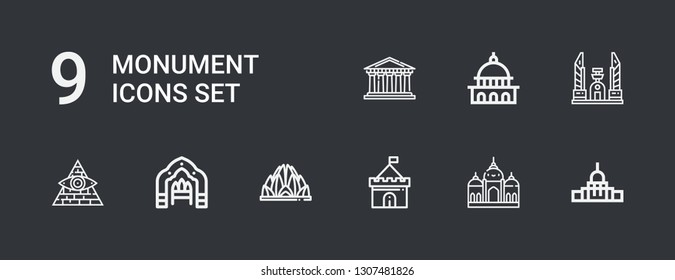 Editable 9 monument icons for web and mobile. Set of monument included icons line Capitol, Badshahi mosque, Castle, Lotus temple, Arch, Pyramid, Democracy monument on dark background