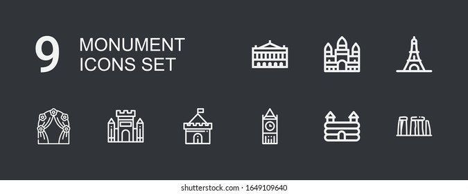 Editable 9 iconos monumentales para web y móvil. Conjunto de iconos de línea de monumento que incluyen: Stonehenge, Castle, Big ben, Arch, Torre Eiffel, Angkor wat, sobre fondo oscuro