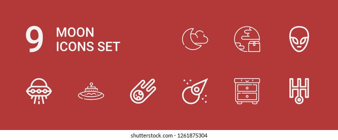 Editable 9 moon icons for web and mobile. Set of moon included icons line Uranus, Night, Asteroid, Meteorite, Ufo, Alien, Planet, Night mode on red background