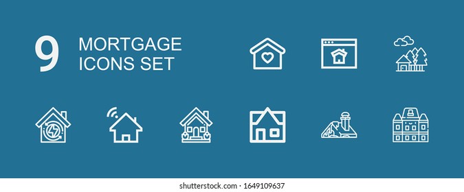 Editable 9 mortgage icons for web and mobile. Set of mortgage line icons including: Houses, House, Real estate, Homepage, Home on blue background