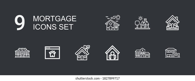 Editable 9 mortgage icons for web and mobile. Set of mortgage included icons line House, Home, Homepage on dark background