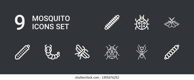 Editable 9 mosquito icons for web and mobile. Set of mosquito included icons line Caterpillar, Ant, Ladybug, Moth, Centipede on dark background