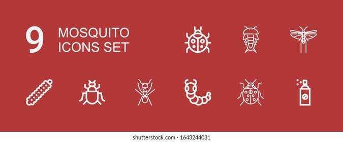 Editable 9 mosquito icons for web and mobile. Set of mosquito included icons line Insecticide, Ladybug, Caterpillar, Ant, Insect, Locust on red background