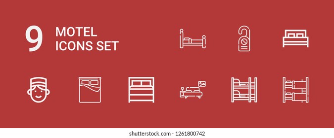 Editable 9 motel icons for web and mobile. Set of motel included icons line Bunk bed, Bedroom, Bed, Concierge, Door hanger on red background