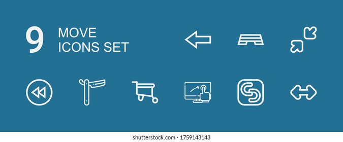 Editable 9 move icons for web and mobile. Set of move included icons line Resize, Safecopy backup, Touch screen, Wheelbarrow, Straight, Backward, Step, Back on blue background