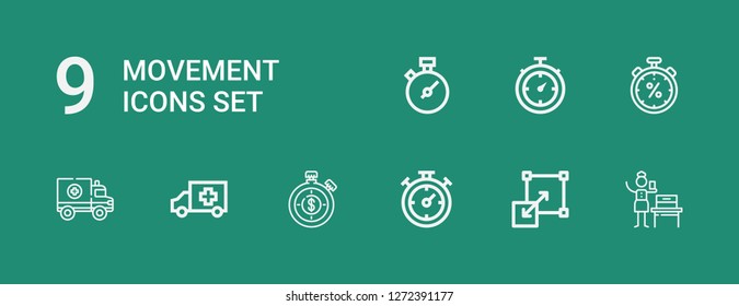 Editable 9 movement icons for web and mobile. Set of movement included icons line Woman suffrage, Stretching, Chronometer, Stopwatch, Ambulance on green background