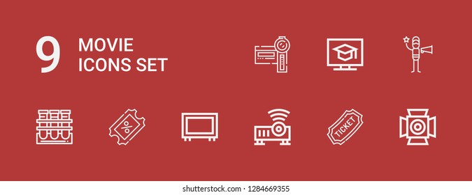 Editable 9 movie icons for web and mobile. Set of movie included icons line Spotlight, Ticket, Projector, Big screen, Coupon, Tube, Film director, Television on red background
