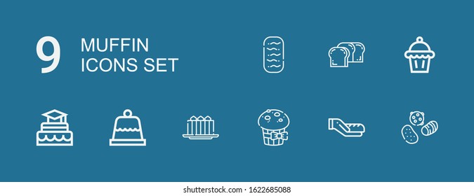 Editable 9 muffin icons for web and mobile. Set of muffin included icons line Sweets, Bread, Muffin, Cake, Dessert, Baguettes on blue background
