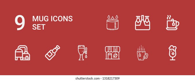 Editable 9 mug icons for web and mobile. Set of mug included icons line Beer, Tea, Coffee shop, Cup on red background