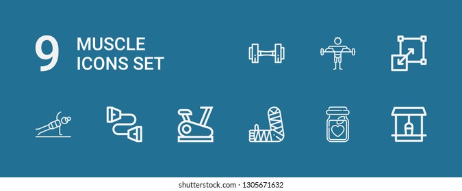 Editable 9 muscle icons for web and mobile. Set of muscle included icons line Well, Nutrition, Arm, Stationary bike, Chest expander, Fitness, Stretching, Dumbbell on blue background