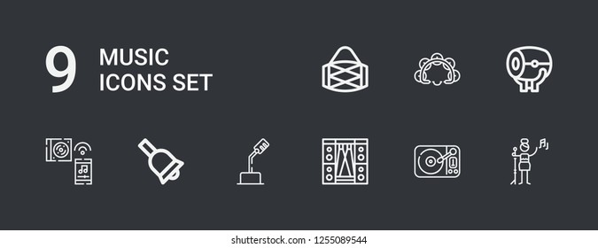 Editable 9 music icons for web and mobile. Set of music included icons line Pop singer, Turntable, Stage, Microphone, Bell, Music, Drum, Tambourine on dark background
