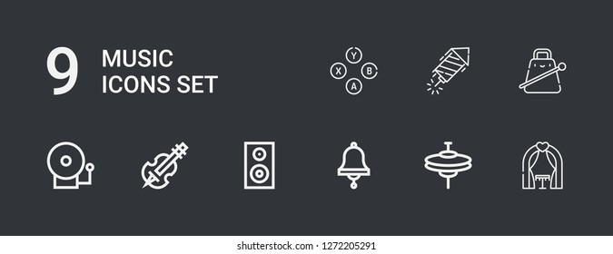 Editable 9 music icons for web and mobile. Set of music included icons line Wedding arch, Cymbals, Bell, Woofer, Violin, Alarm bell, Cowbell, Petard, Buttons on dark background